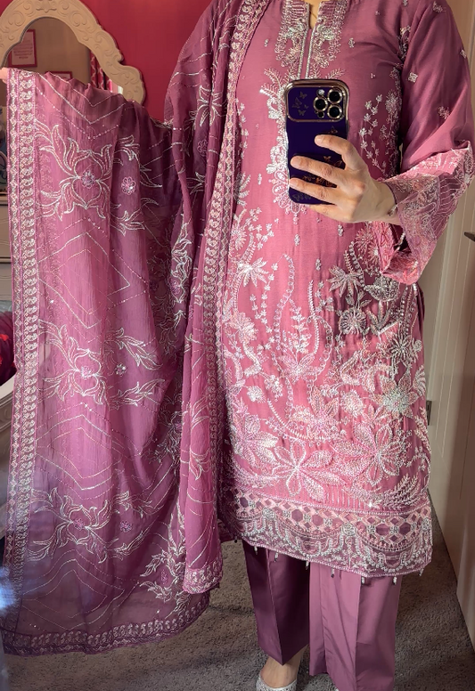 Ramsha Inspired Chiffon Pink 3-Piece Suit