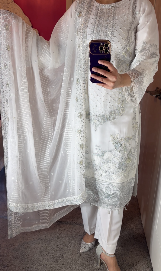 Ramsha Inspired Chiffon White 3-Piece Suit