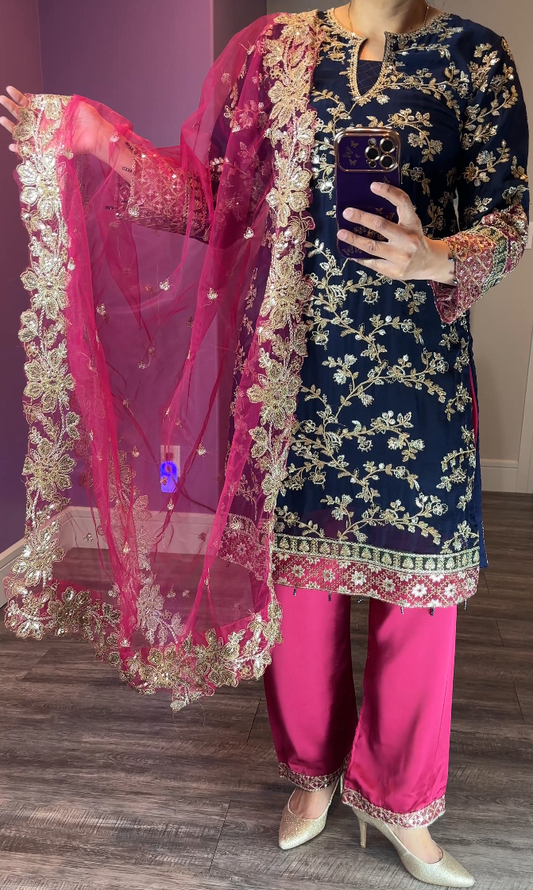 Zainab Chottani Inspired Chiffon Navy 3-Piece Suit