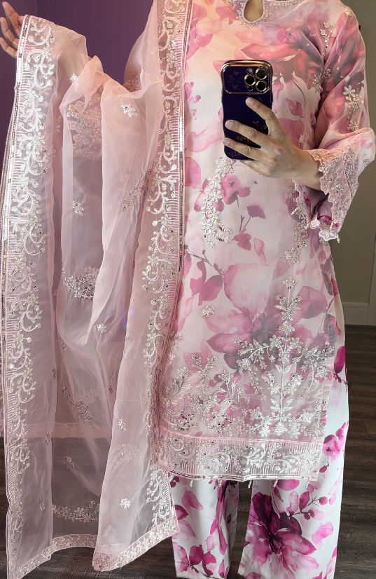 Zarif Inspired Organza Pink Print 3-Piece Suit