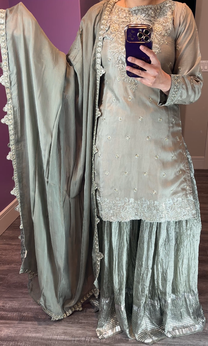 Zarqun Original Silk Taupe 3-Piece (Sharara) Suit